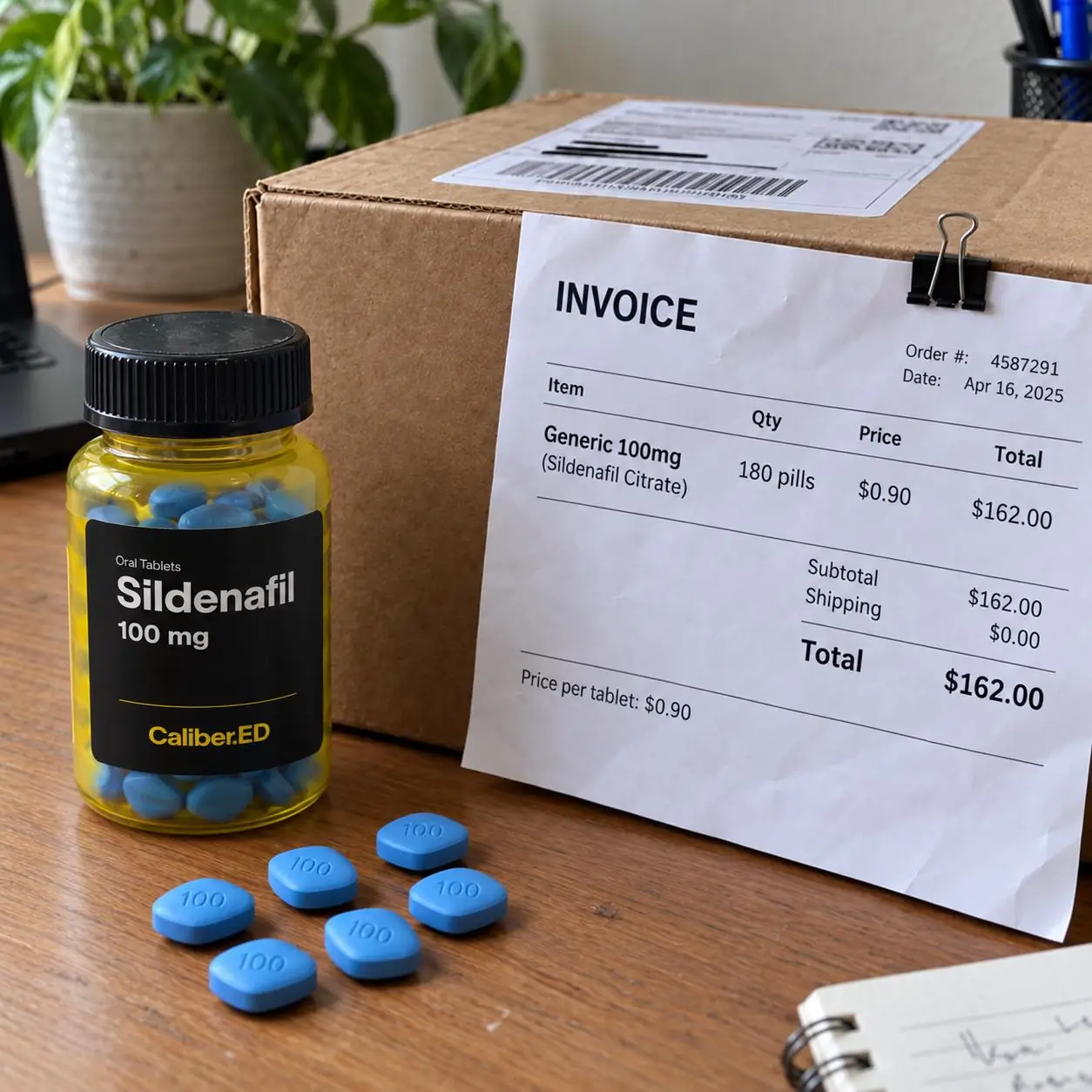Generic sildenafil bottle, tablets and shipping invoice